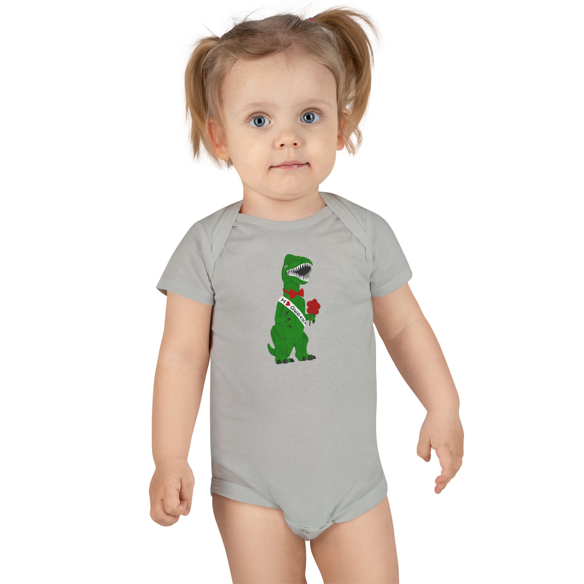 Debary Dino Valentine: T‑Rex with Rose & 'I Love DeBary' Sash Baby Onesie - Cute T-Rex with Roses Infant Bodysuit - Image 4